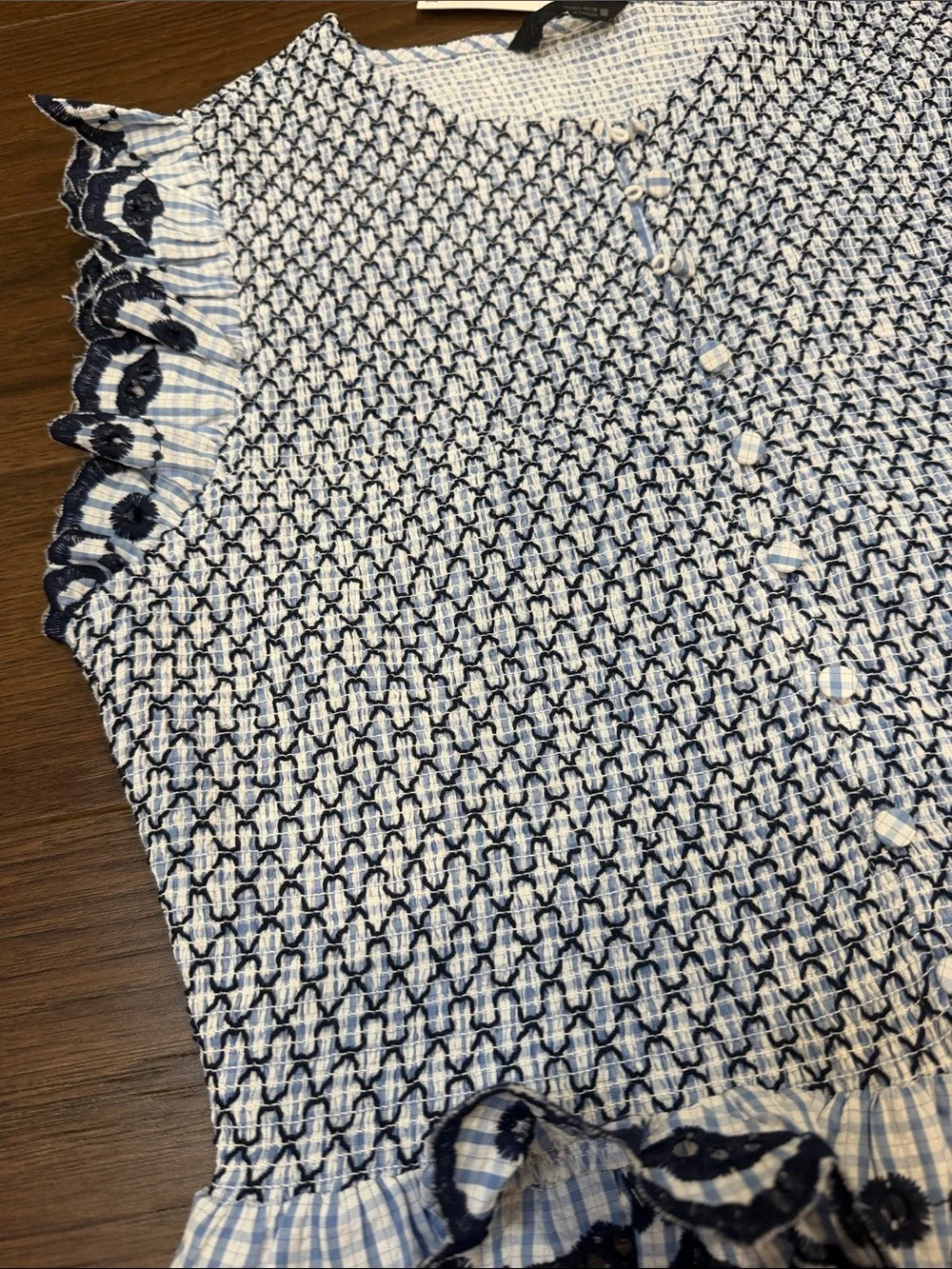 Zara Blue and White Checked Smocked Top Size Large NWT - C30-085 - Picture 6 of 7